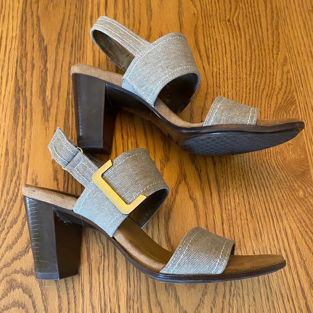 AEROSOLES Yodel HeelRest Women’s Tan Linen-look High Heel Sandals SZ 9 M EUC $65